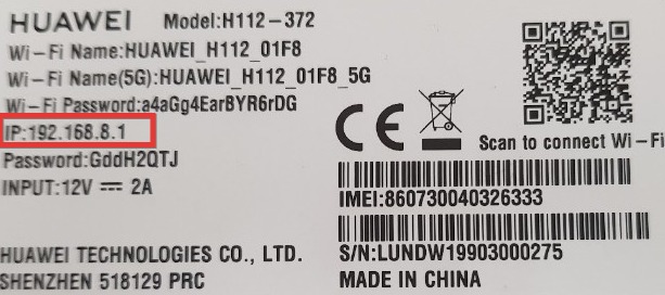 Huawei Router Default IP Address on the router label